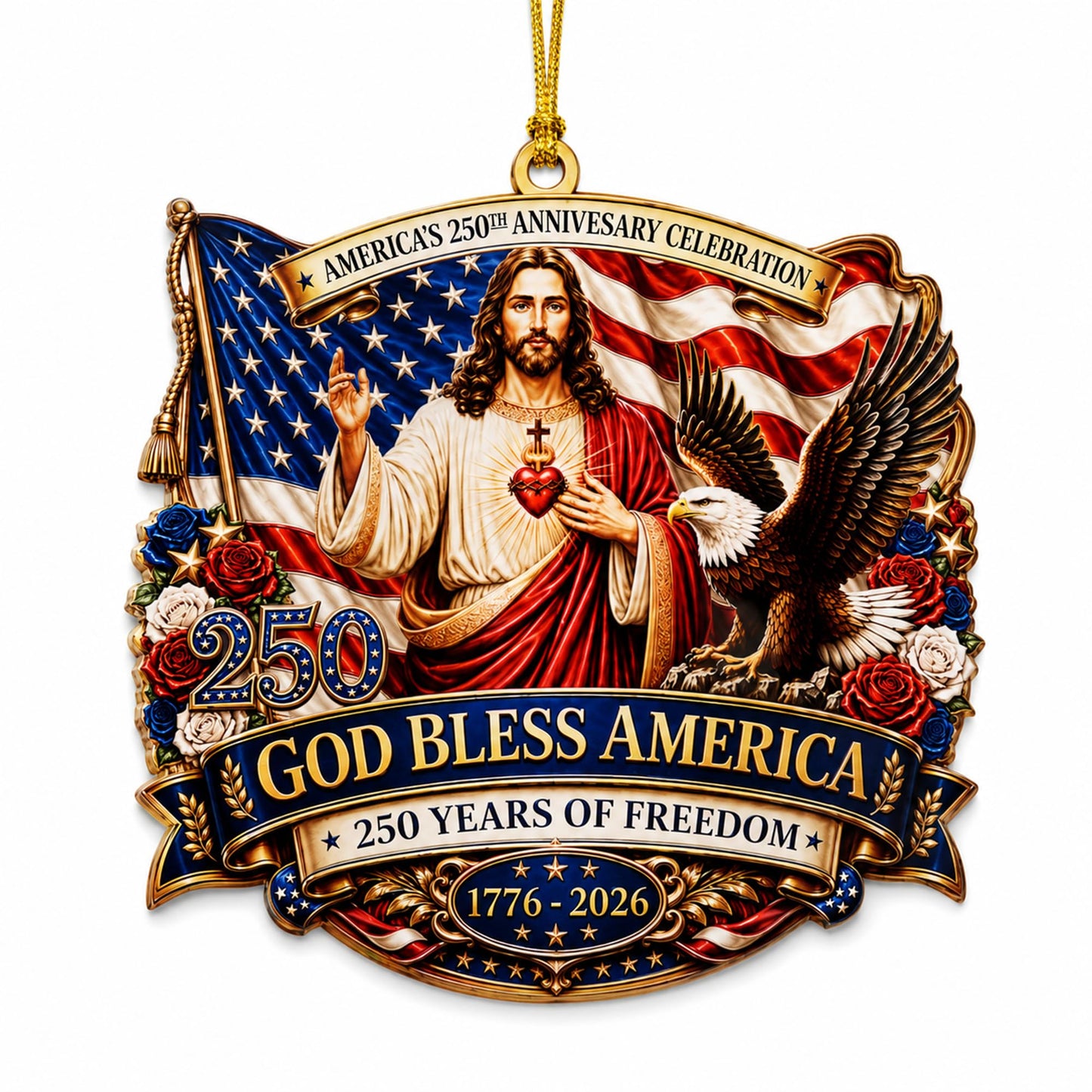 God Bless America Anniversary USA 250 Ornament, 2D Acrylic USA 250 Merchandise, Fourth of July Decorations, Patriotic Decor, USA 250th Anniversary 4th of July Gifts, USA 250th Birthday Gifts