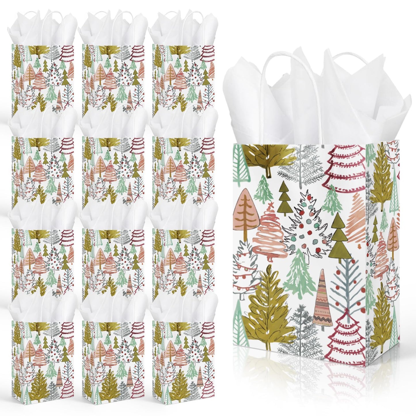 JarThenaAMCS 24 Pcs Christmas Boho Paper Gift Bags with Tissue Paper Xmas Pine Tree Party Favor Bags with Handle Winter Goodie Candy Treat Bags Medium Size Bulk Bags for Wedding Birthday Holiday