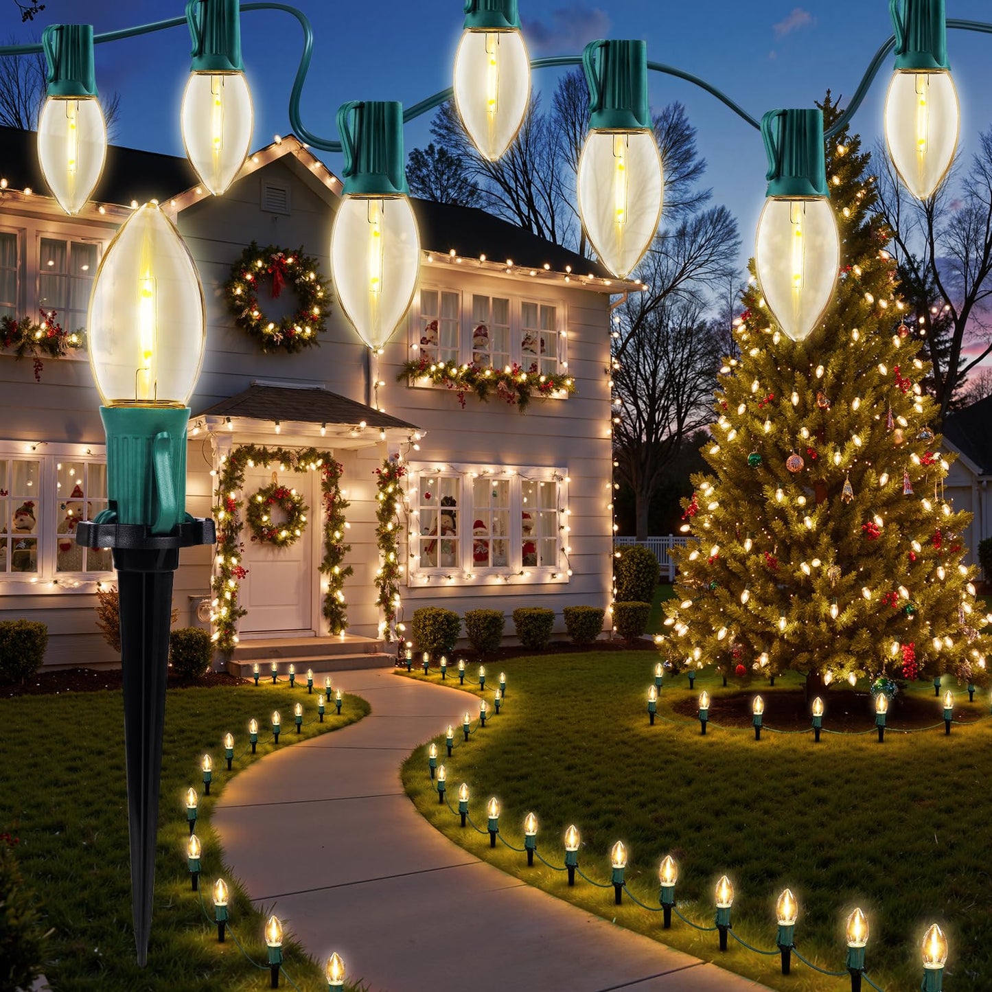Christmas Pathway Lights Outdoor, 26 FT Connectable C9 LED Christmas Lights Outdoor, Waterproof String Lights with 20 Led Lights and Stakes, Christmas Decorations for Walkway Driveway, Warm White