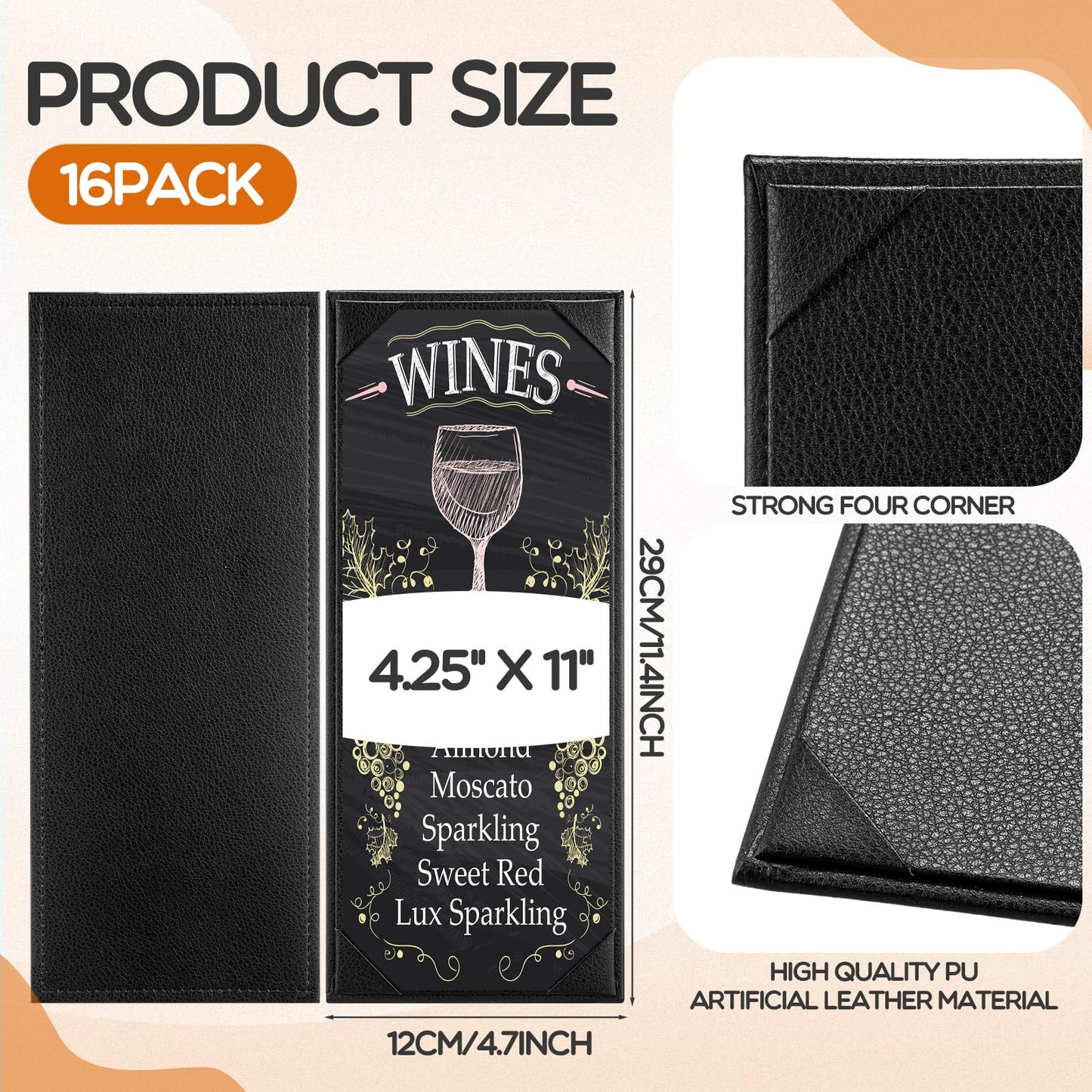 GlikCeil 16 Pcs Restaurant Leather Menu Holders Single Panel Menu Covers for Wine Drinks List 4.25 x 11 Inch Black Menu Book Cover with Angled Corners for bar Hotel Coffee, Single View