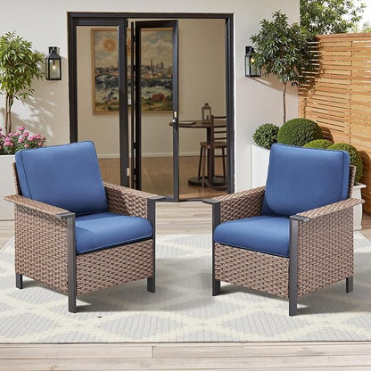 2 Pieces Outdoor Patio Furniture Set-Outdoor Wicker Chairs of 2, All Weather High Back Rattan Chairs 2-Seater with Comfy Cushions for Patio Porch Deck Brown/Blue