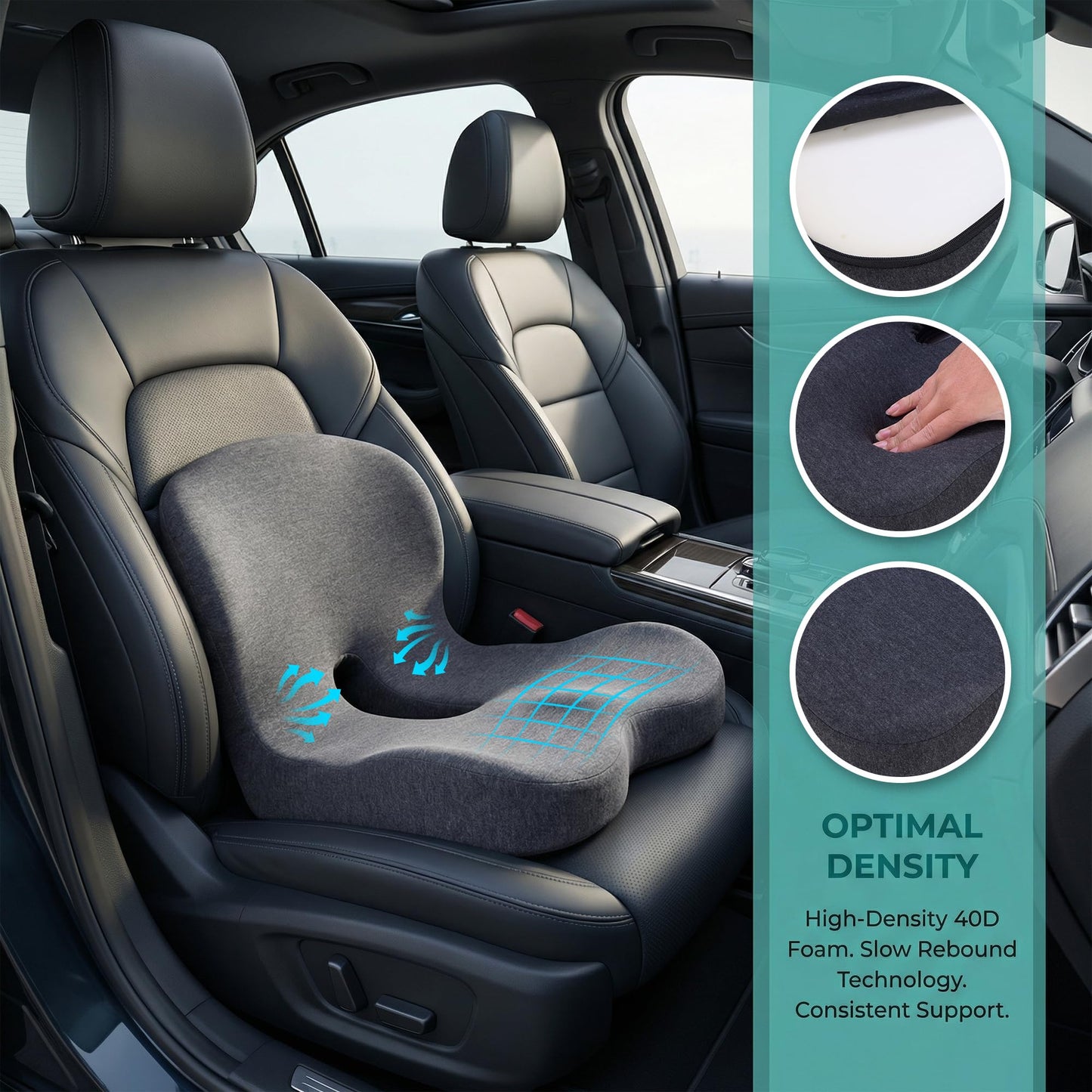 ZUAMEGUMemory Foam Car Seat Cushion – Ergonomic Driver Cushion for Sciatica & Tailbone Pain, Breathable Non-Slip Car Seat Pad for Car, Office Chair, Wheelchair