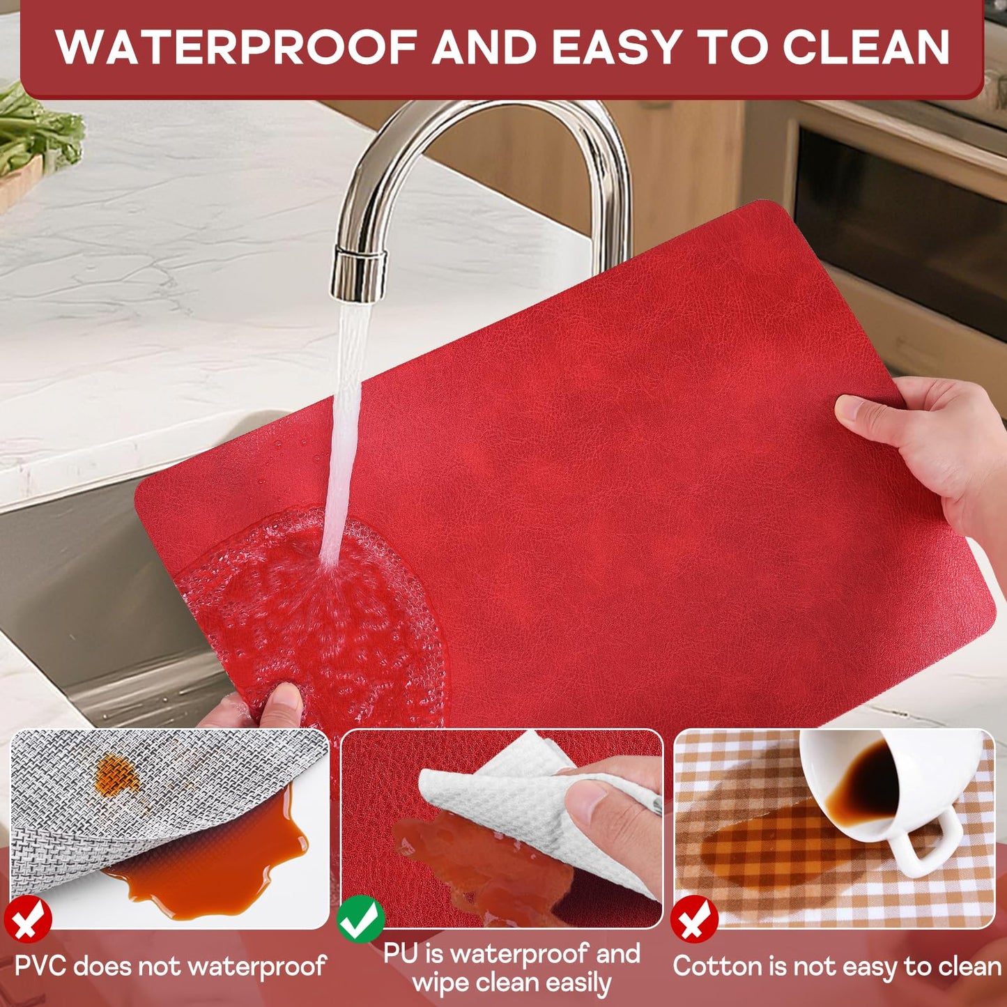APLKER Faux Leather Placemats Set of 6, Washable Place Mats, Vinyl Placemats Wipeable Waterproof Oil-Proof Heat Resistant PU Table Mats for Dining, Kitchen, Hotel(Red)