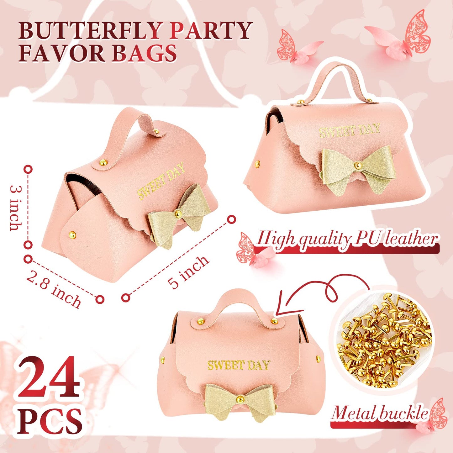 Dandat 24 Pcs PU Leather Bowknot Gift Boxes 5x3 Inch Reusable Candy Favor Bags with Handles, Elegant Mini Handbag Purse for Wedding, Birthday, Party Favors(Pink)