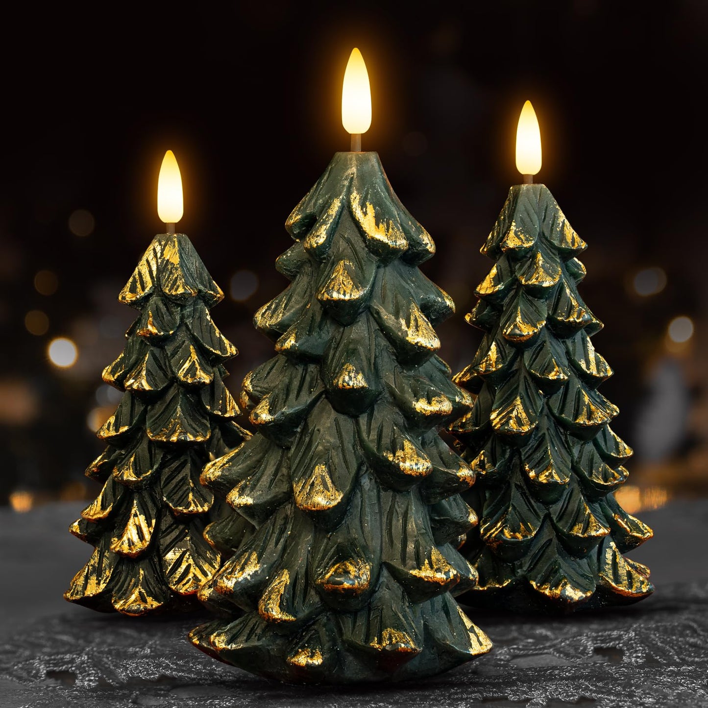 HN HAIINAA Green Christmas Tree Shaped Flameless Candles with Timer, Real Wax 3D Wick Flickering Battery Operated LED Candles for Christmas Home Party Decoration Set of 3