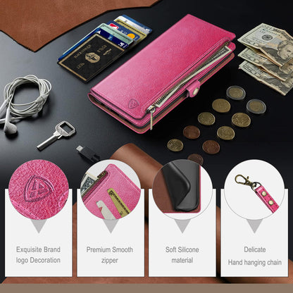 XcaseBar Compatible with iPhone 16 Pro 6.3" Wallet case with Zipper Credit Card Holder【RFID Blocking】,Flip Folio Book PU Leather Phone case Shockproof Cover Men Women for Apple 16 Pro case Rose Red