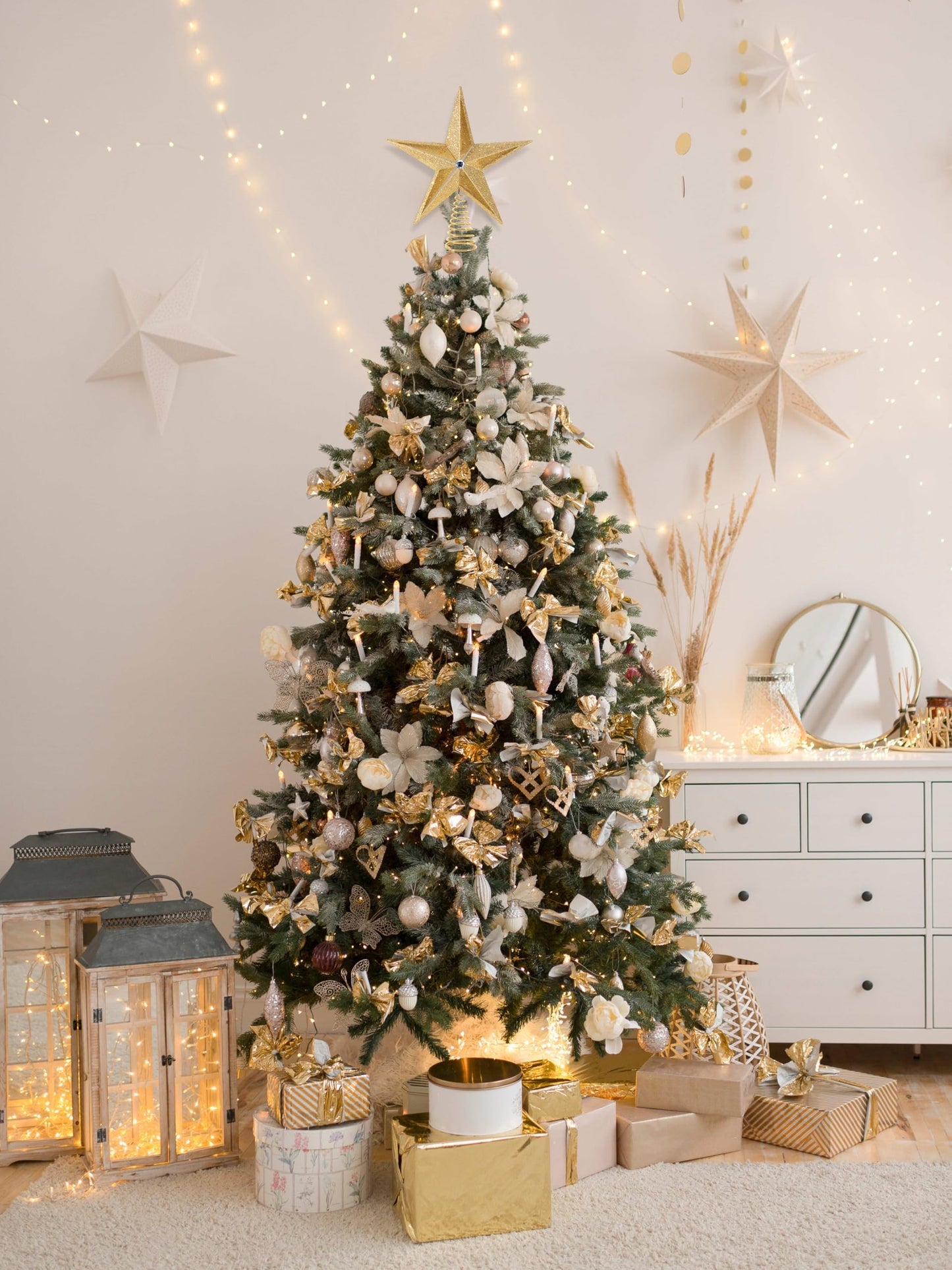 Christmas Traditions 10 inch Large Filigree Gold Glittered Christmas Star Tree Topper Star for Large Tree 6 feet-8 feet Tall/Home Decor Ornaments (Gold)
