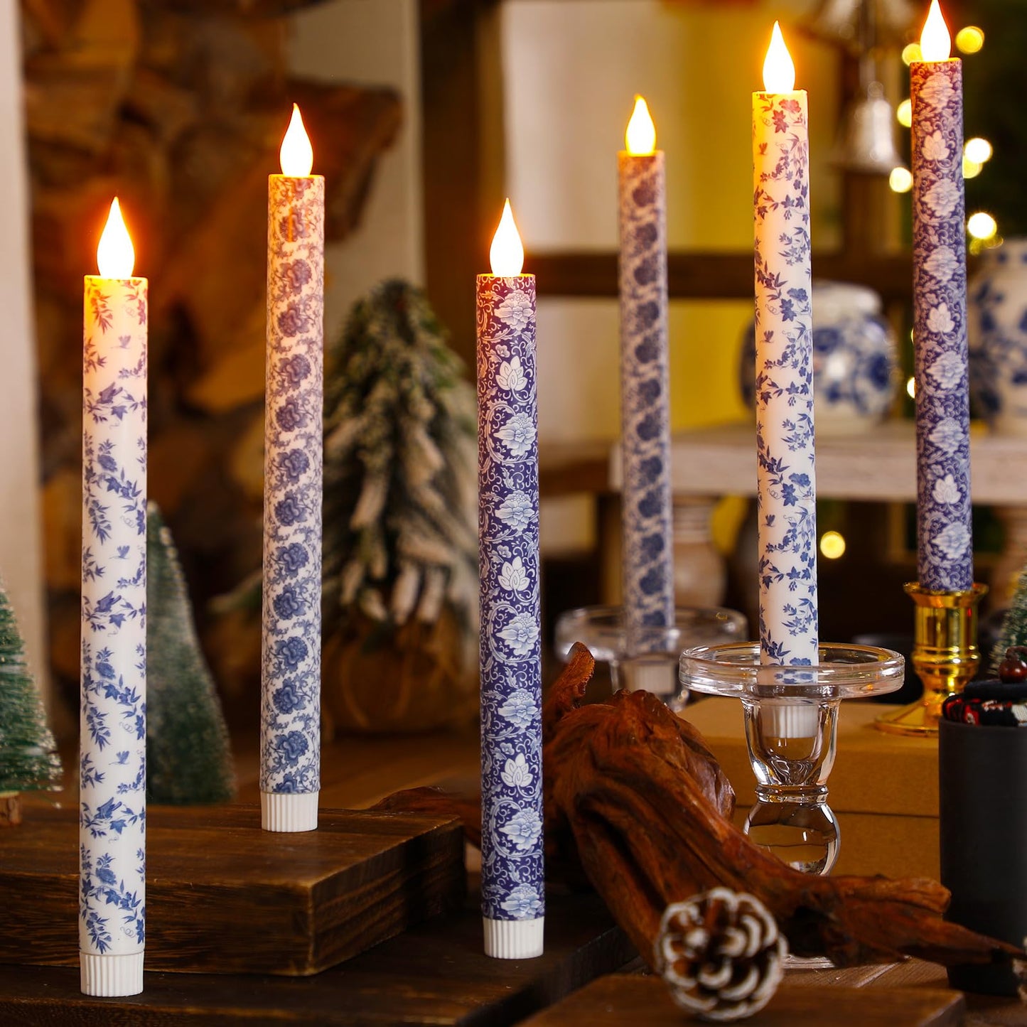 Baquler 6 Pcs Chinoiserie Flameless Candles Coastal Chinoiserie Decor 10.6 Inch Blue and White Battery Operated Led Candlesticks for Holiday Wedding Party Summer Table Centerpiece Home Mantel Decor