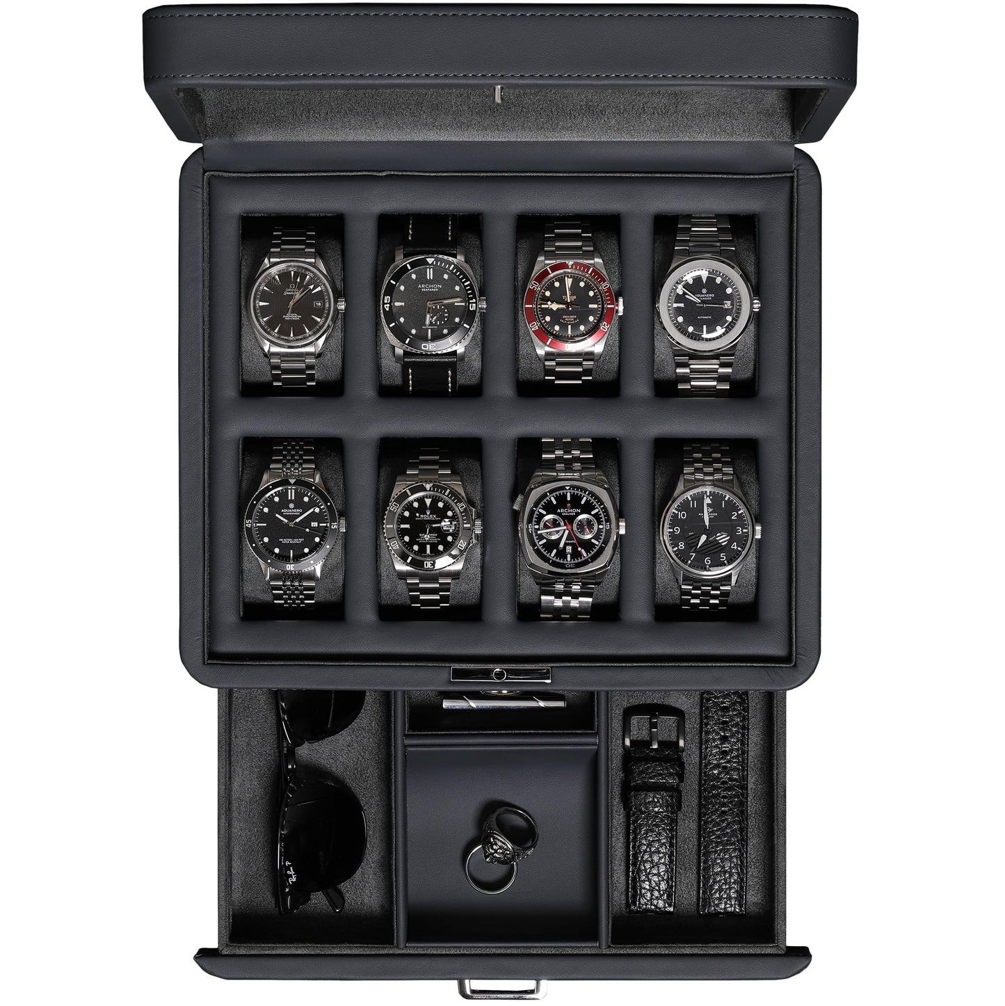 ROTHWELL 8 Slot Leather Watch Box with Valet Drawer - Luxury Case Display Jewelry Organizer, Locking Display Case Holder with Real Glass Top - Watch Box Organizer for Men & Women (Carbon)