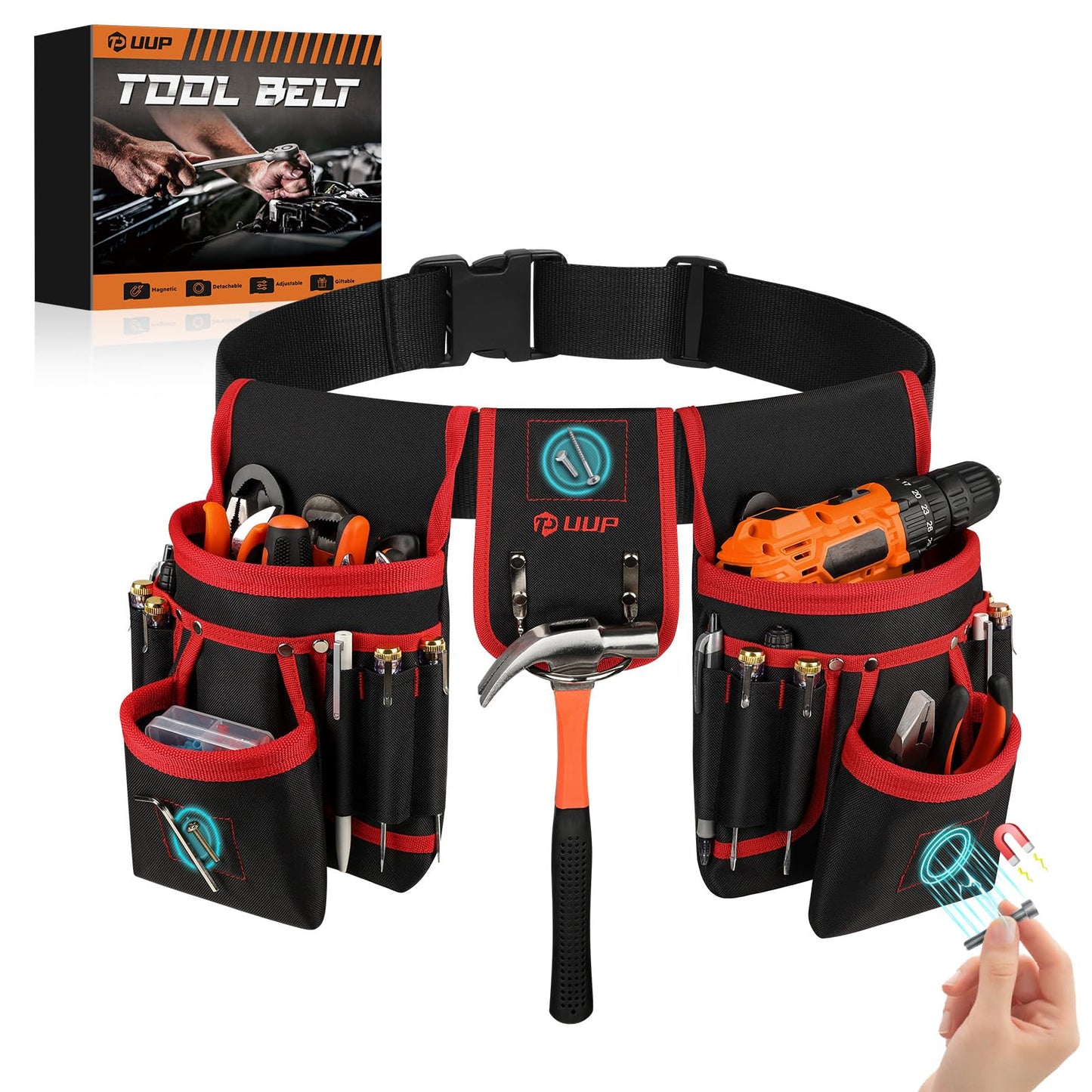 Magnetic Tool Belt for Men, 26 Pockets Heavy Duty Tool Pouch, Magnet Holster Nail Utility Toolbelt Detachable Adjustable Waist Holder for Handyman Contractor Mechanic Plumber Roofer Dad Gift -Red