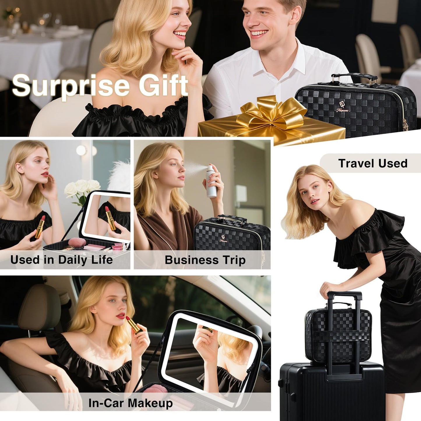 Faquenc Makeup Bag with LED Lighted Mirror 12.2 IN Travel Makeup Bag Adjustable Brightness in 3 Colors Cosmetic Organizer Artist Storage Bag with Dividers Brush Holder Bag Vanity Black Checkerboard