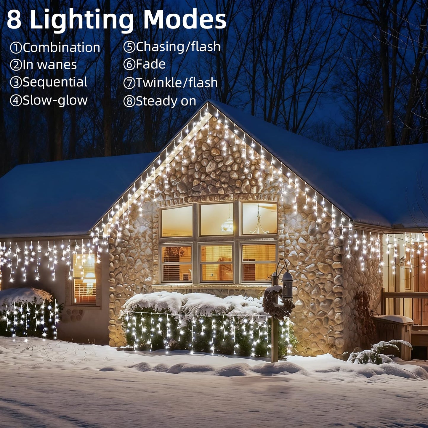 BYIZO Christmas Outdoor Icicle Lights - 480 LED 66+33 FT 8 Modes Curtain Fairy String Light Plug in, Waterproof for Eaves Yard Holiday Xmas Holiday Indoor Outdoor Decoration - White