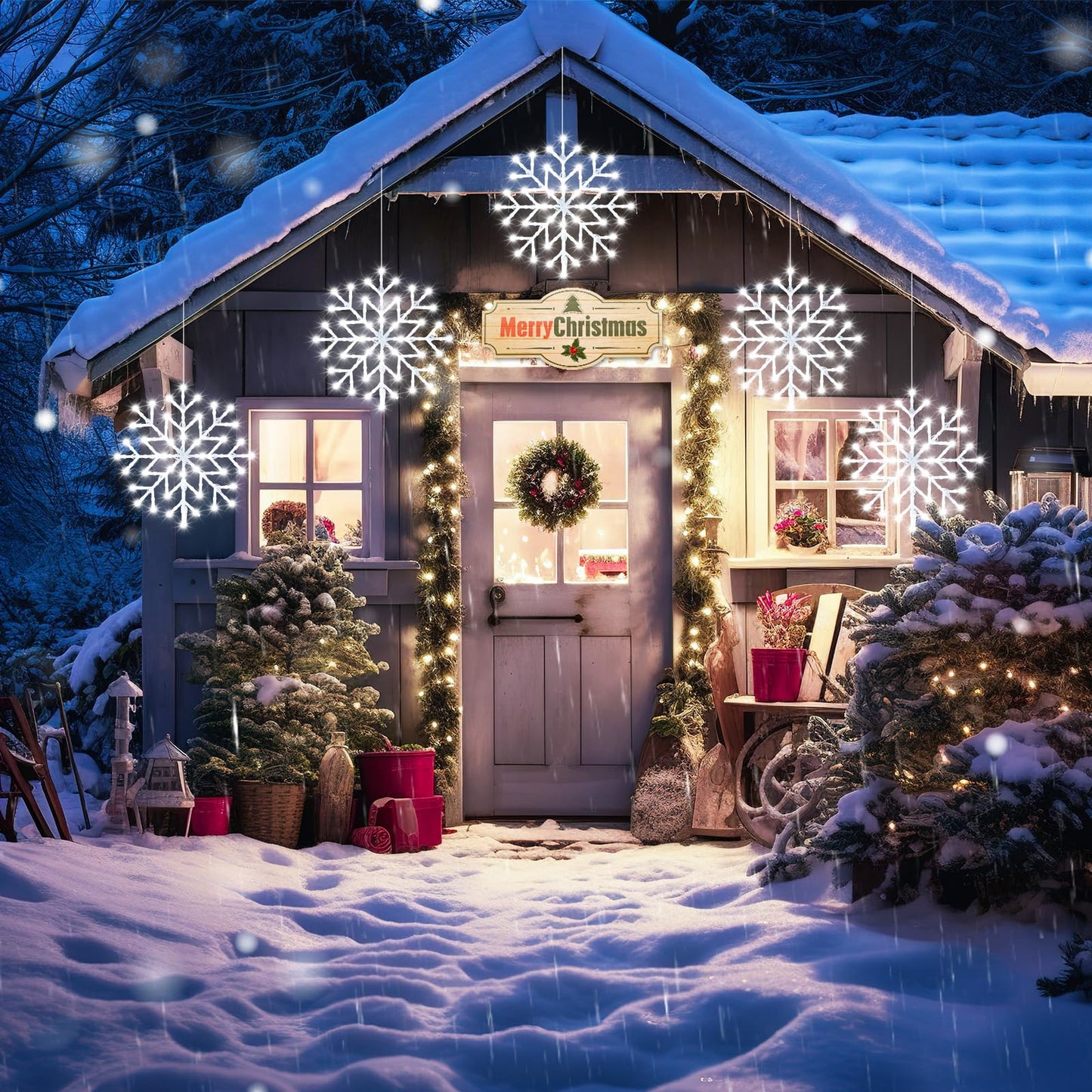 Brightown Christmas Snowflake Icicle Lights Outdoor - Plug-in 10.5ft 5 Drops 240LED Snowflake Window Light with 8 Modes, Hanging Lights for Indoor Outdoor Porch Eaves Rooftops Pergola Christmas Decor