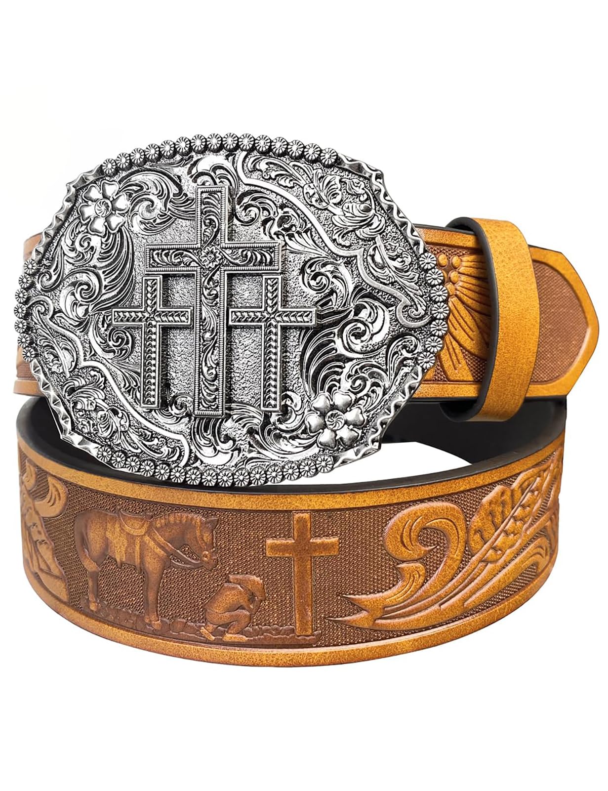 TOPACC Western Belts for Woman Men Cross Belt Buckle Cowgirl Cowboy Brown Leather Country Belt for Jeans Pants