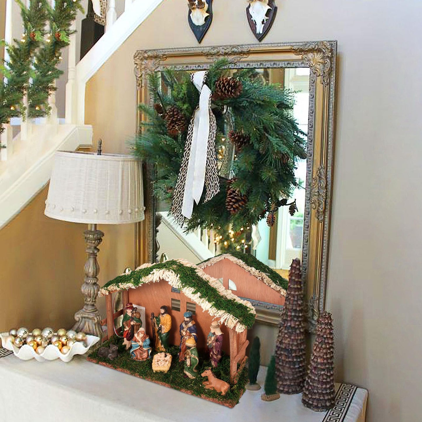 PALZIK Lighted Christmas Nativity Set, Nativity Sets for Indoor with Wooden Stable, Nativity Scene Set & Figures for Christmas Decorations Indoor Tabletop Decorations