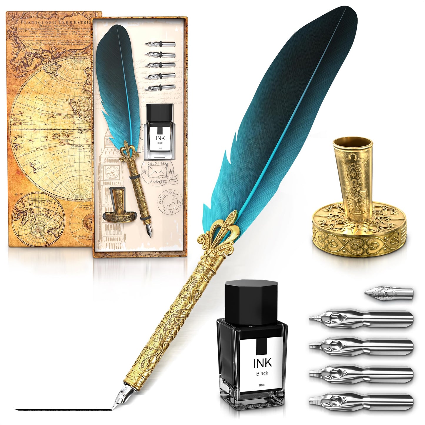 Vintage Feather Quill Pen and Ink Set - Elegant Blue Feather Pen and Ink Set for Signatures, Writing, and Drawing - Calligraphy Kit with Stainless Steel Nib for Beginners and Calligraphy Enthusiasts