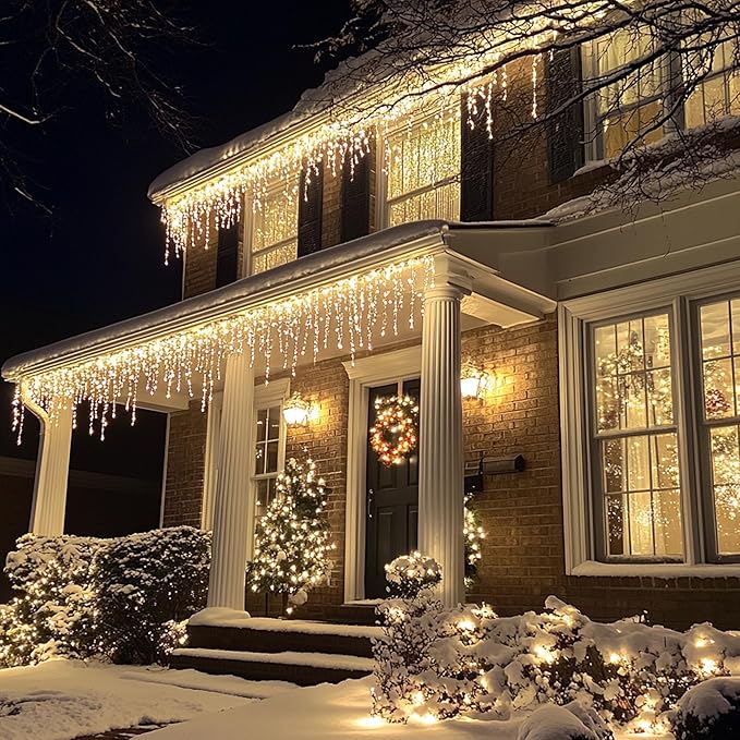 Dazzle Bright Christmas Icicle Lights, 88.5 FT 1080 LED 8 Modes Curtain Fairy Lights with 180 Drops, Xmas String Lights for Outdoor Holiday Wedding Party Decorations (Warm White)