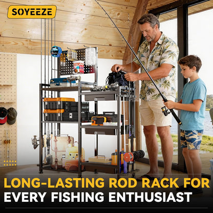 SOYEEZE Fishing Rod Holders for Garage, 3 Storage Boxes for Reels & Fishing Accessories, 10 Rod Capacity Fishing Pole Holder with Pegboard, and 3-Tier Shelf for Tackle Box, Fishing Gear Organizer