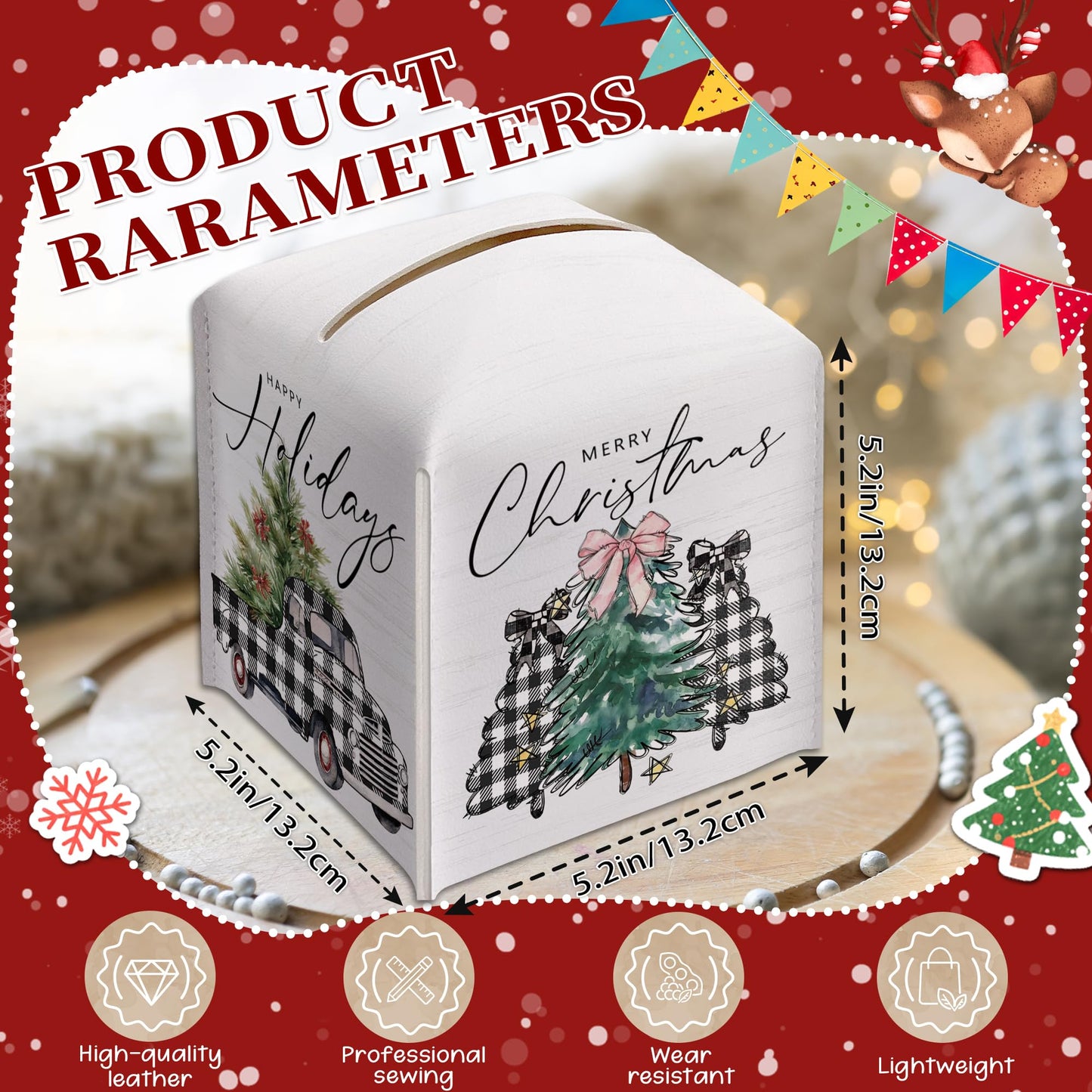 Christmas Box Cover Square, Buffalo Plaid Truck Trees Decorative Tissue Box Holder, Waterproof Leather Tissues Boxes Dispenser for Bathroom, Bedroom Nightstand, Office, Car Home Decor
