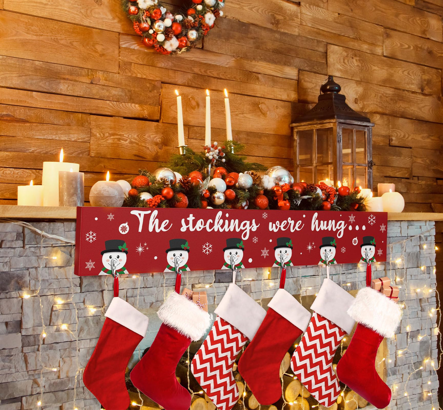 Christmas Stocking Holder Mantle Christmas Stocking Hangers for Mantel Fireplace Wall Hanging Sign with 6 Hangers Collapsible And the Stockings Were Hung Christmas Stocking Hooks Xmas Decor 28.4 Inch