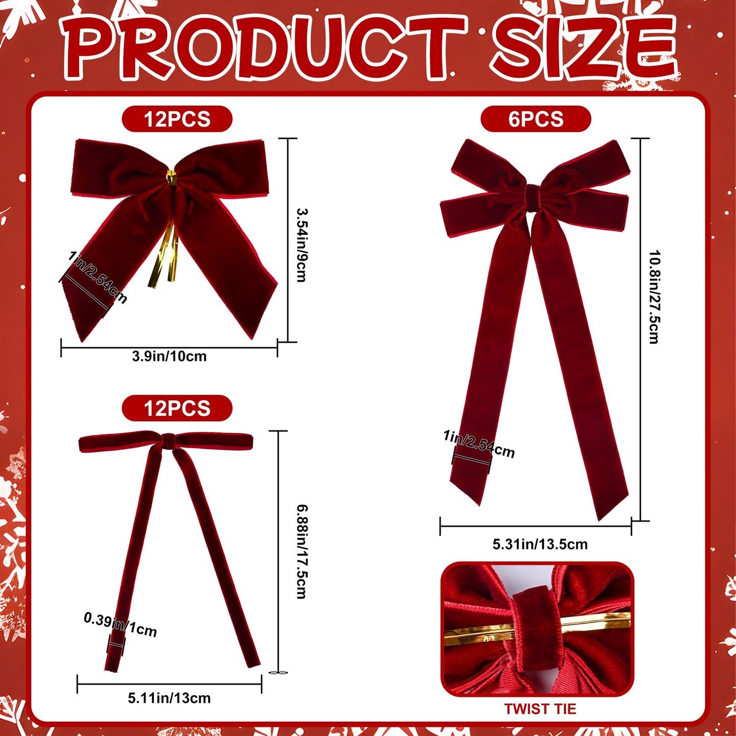 30PCS Velvet Ribbon Bows for Christmas Tree Decorations 3 Styles Christmas Bow for Home Party DIY Decorations