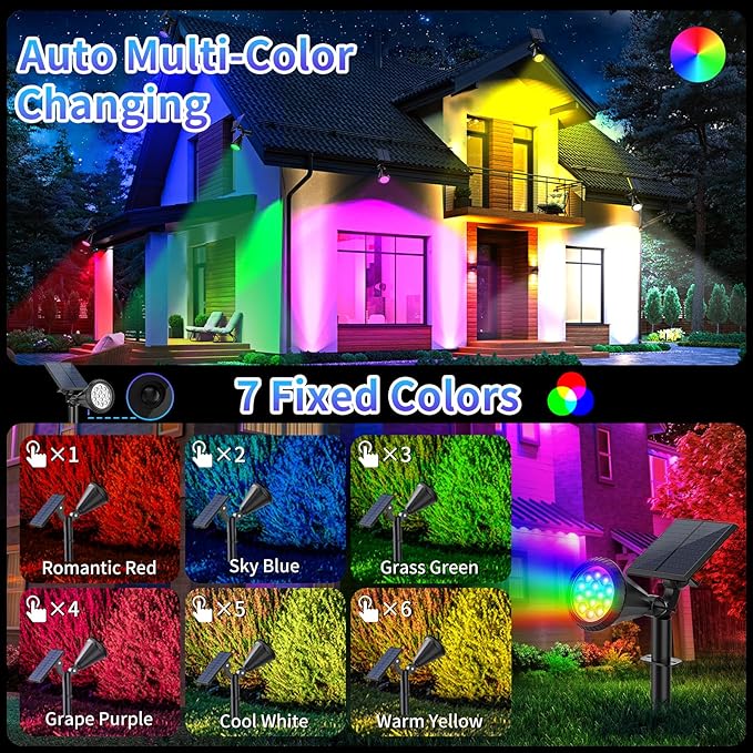 Solar Color Changing Lights Outdoor Waterproof, 7 Modes/8 Pack Halloween Christmas Multicolor RGB Solar Spot Lights, 180° Adjustable Solar Powered Landscape Spotlights for Outside Yard/Garden