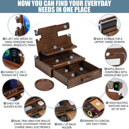 Black Wood Phone Docking Station for up to 3 Phones - Nightstand Organizer for Men & Women, Compatible with Apple Watch, Holds Phones, Tablets, Keys, Rings, Glasses, Watches, EDC & More