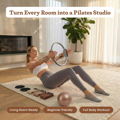 Prospervere Premium Pro Pilates Kit – 15 inch Pilates Ring and Ball Set w/ 1lb Ankle Weights, Fabric Resistance Bands, Sliders, Yoga Socks & Gym Bag – Mocha Drive (Brown/Gray)