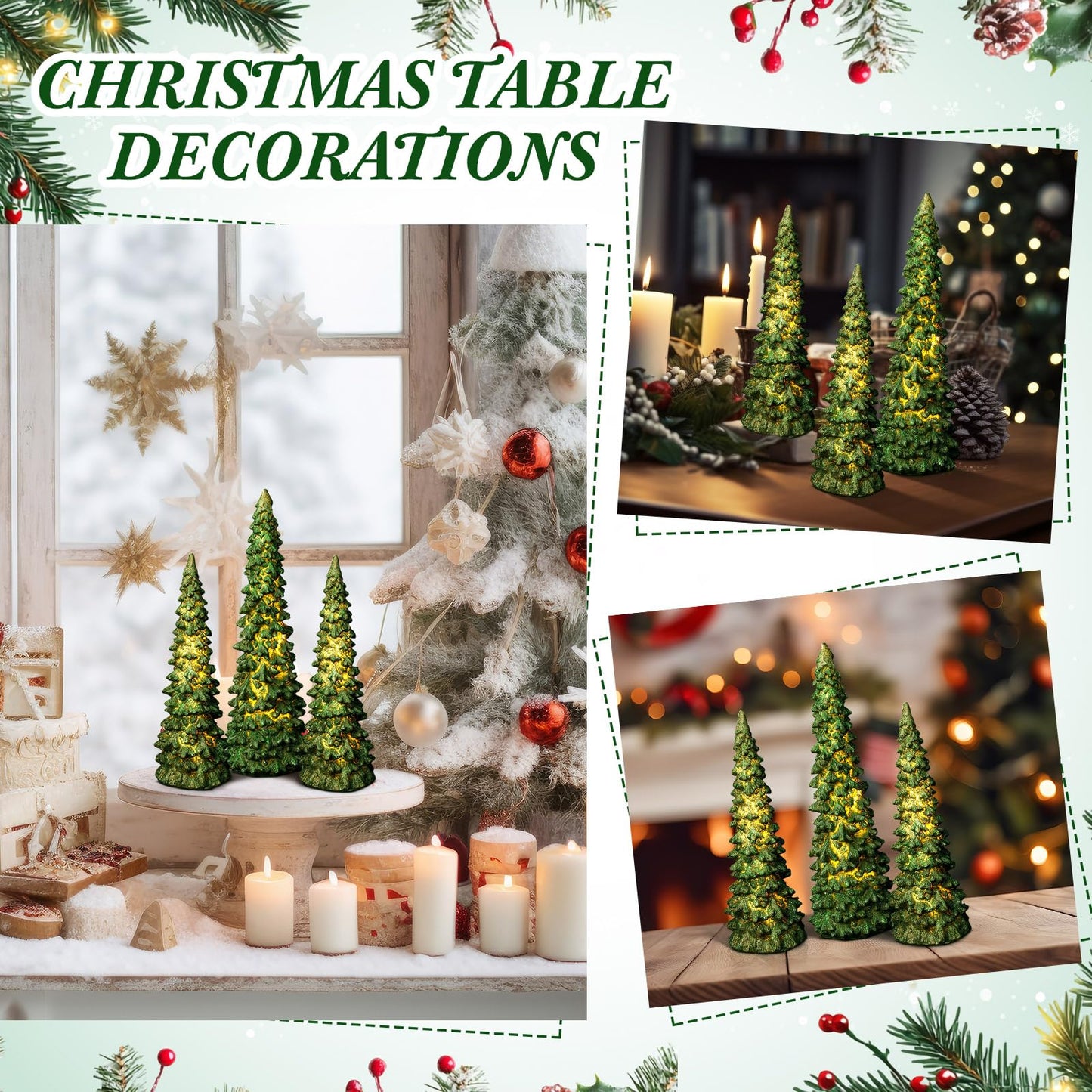 Flutesan 3 Pcs Green Christmas Tree Figurines with Lights 11" /9" Tabletop Glittered Resin Village Pine Figurine Light Up Battery Operated Centerpieces Winter Holiday Decor for Table Mantel Home