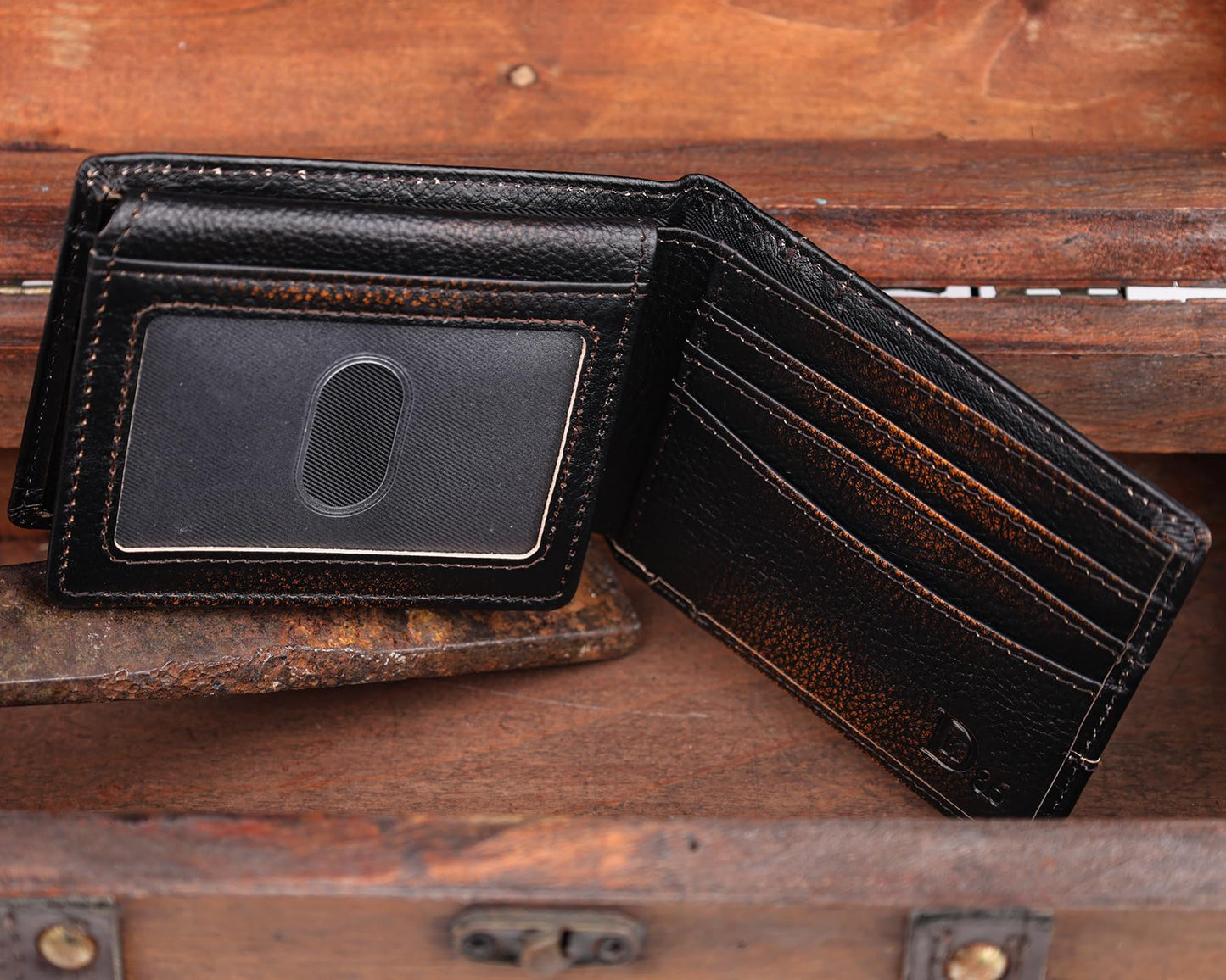 DK86 Wallet for Men Slim Rfid Bifold Genuine Leather 2 ID Window With Gift Box (black brown with US flag)