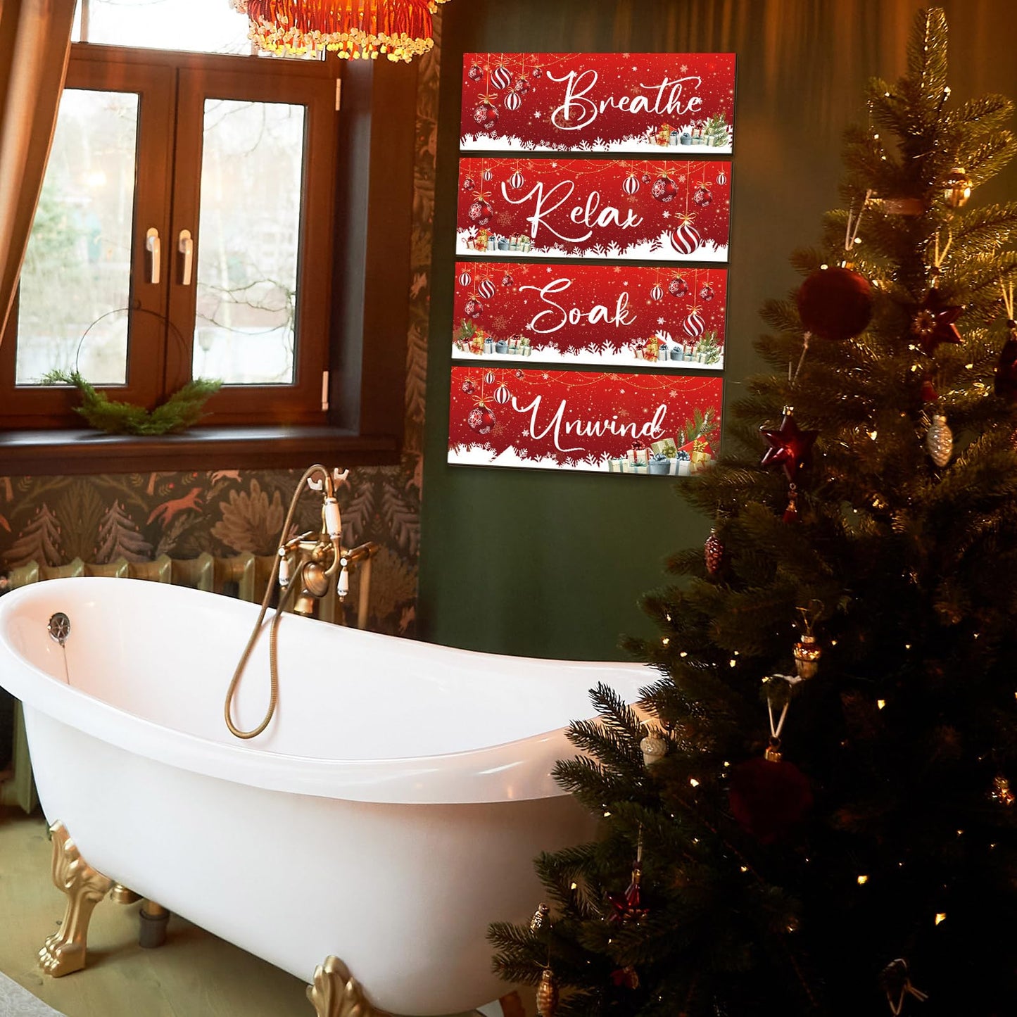 Huwena 4 Pcs Winter Bathroom Wall Decor Winter Wooden Decor Relax Soak Breathe Unwind Art Hanging Wall Pediments Rustic Xmas Wooden Sign for Xmas Home Living Room Laundry Spa(Ball)