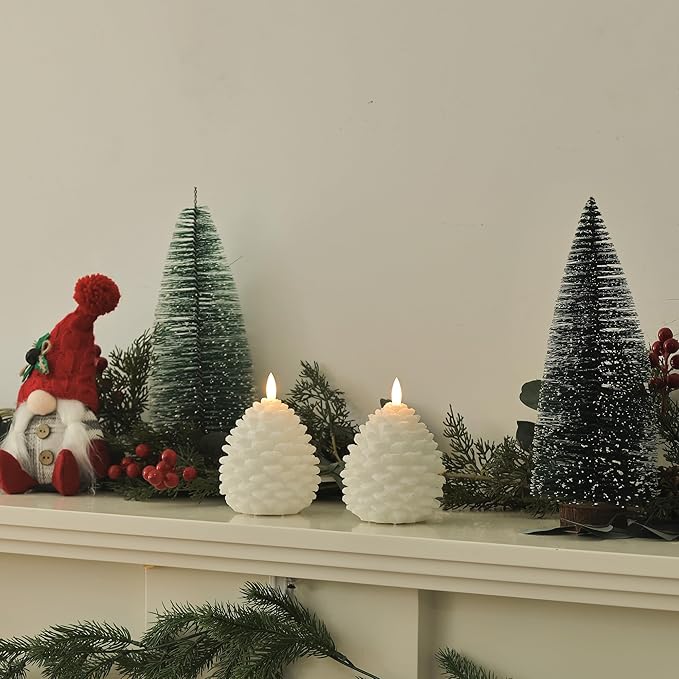 Christmas White Pinecone Candles Flameless with Remote, Real Wax Battery Operated Pine Cone Candle,Flickering LED Candles for Xmas Decoraction Party Holiday Gift, 2 Pack