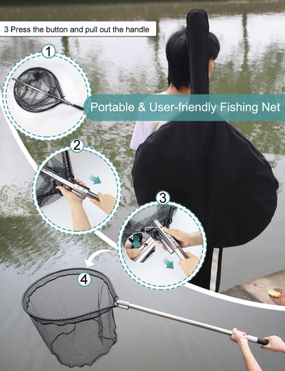 Avlcoaky 94" Telescopic Fishing Landing Net - Heavy-Duty Aluminum Handle with Non-Snag Rubber Coated Mesh, Extra Large Fishing Net for Saltwater Boat Fishing