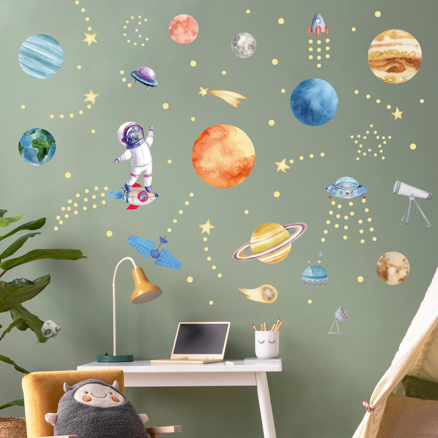Watercolor Solar System Wall Decals, Glow in The Dark Stars, Kids Planets Sticker for Ceiling, Astronaut Wall Stickers for Bedroom, Blue