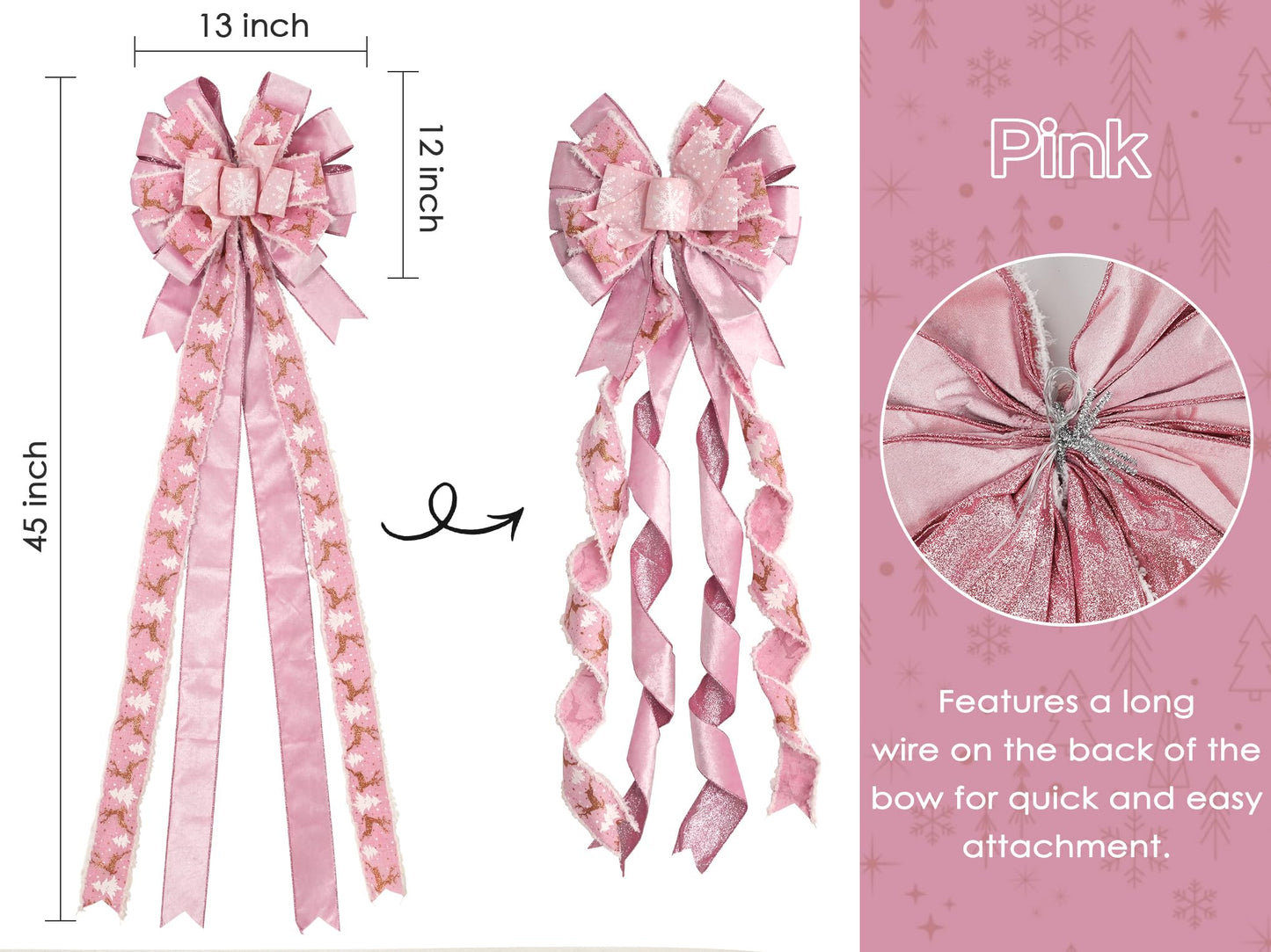 HUIHUANG Pink Christmas Tree Topper Bow 13 inch x 45 inch Large Christmas Bows Pink and White Snowflake Velvet Bows for Christmas Tree Ornament, Wreaths, Staircase, Mantel, Home Decor