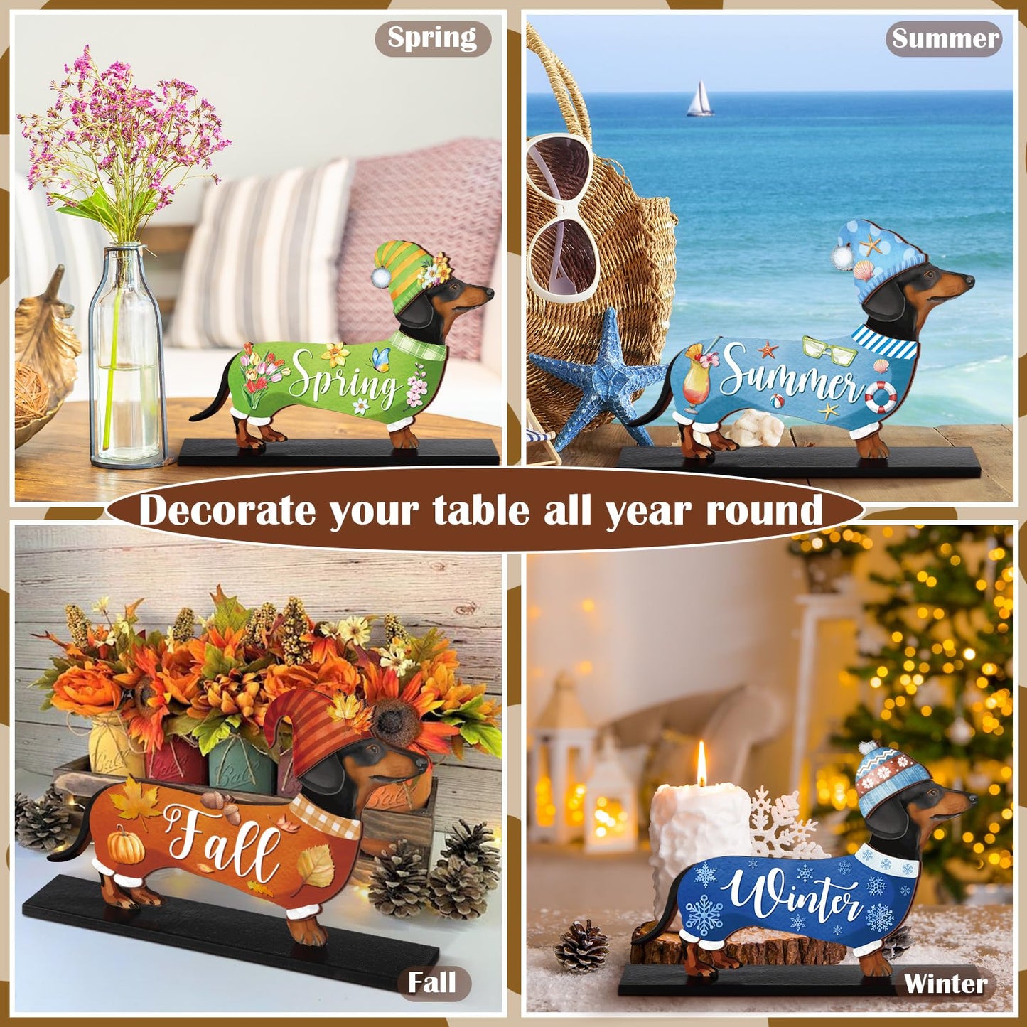 Anglechic 42 Pcs Interchangeable Summer Dachshund Holiday Wiener Dog Decor Seasonal Welcome Sign Tier Tray Decoration Ornament Farmhouse Wood Home Office Desk Accessories for Women Pet Lover Gift