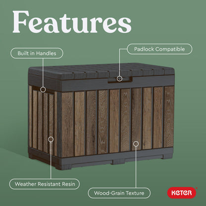 Keter Signature Everwood 50 Gallon Resin Deck Box-Organization and Storage for Patio Cushions, Throw Pillows and Garden Tools, Walnut