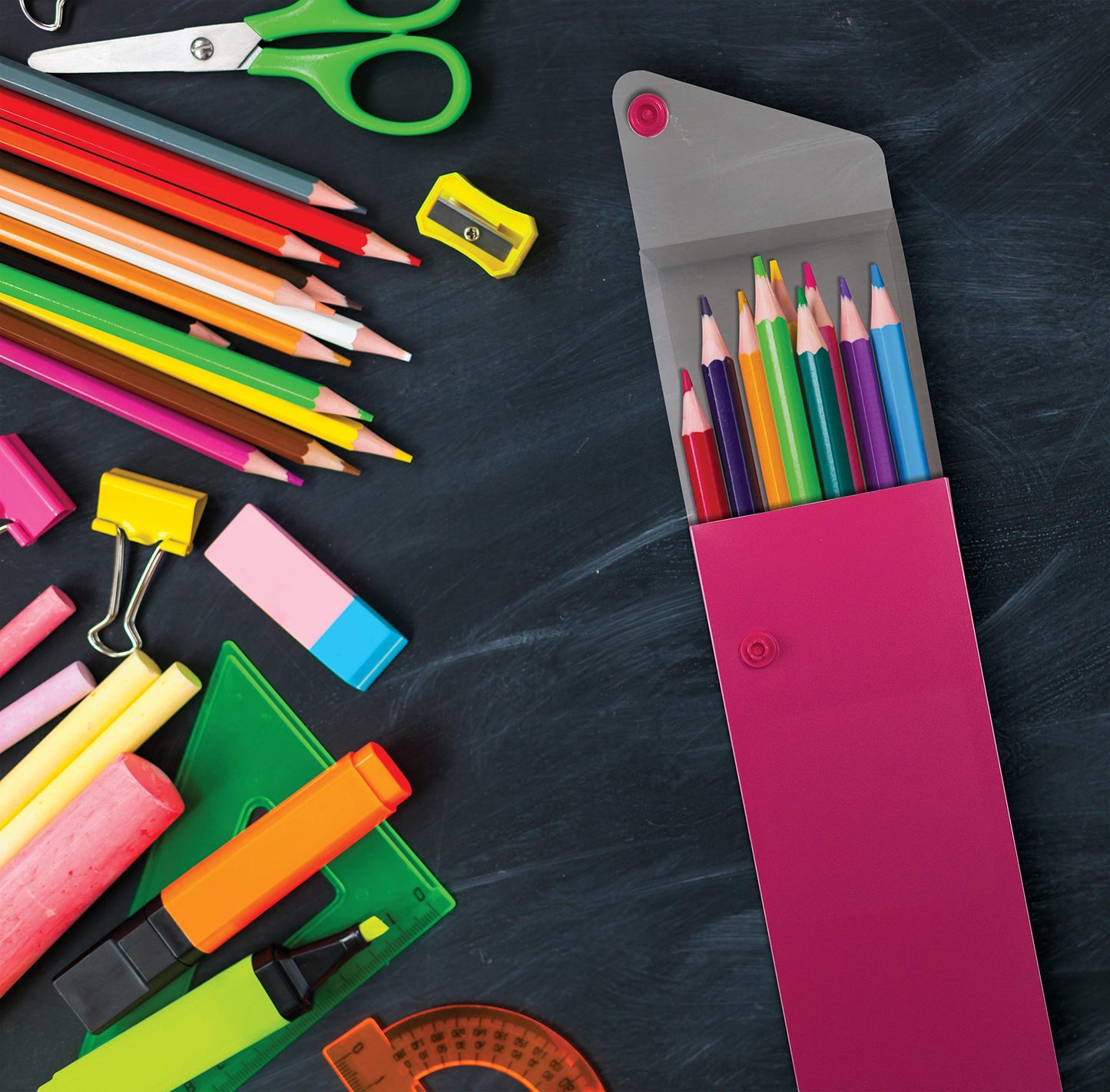 Better Office Products Slider Pencil Case, Box of 24, Semi-Rigid Poly Plastic with Button Snap Closure, Assorted Colors,