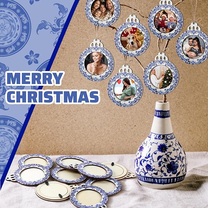 Blulu 24 Pcs Christmas Pictures Frame Ornaments Bulk Blue and White Chinoiserie Photo Frames Ornaments Wooden Blue Christmas to Put Pictures in Stocking Stuffers