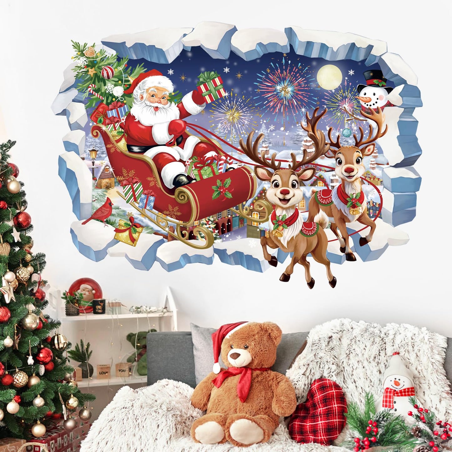 wondever 3D Christmas Wall Stickers Santa Claus and Reindeer Snowman Christmas Window Wall Art Decals for Party Window Xmas Home Party