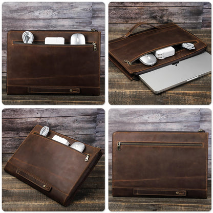CataPurus Top Grain Leather 14.2" Slim Laptop 90° Zipper Bag, Vintage Design, Handmade, Compatible with MacBook Pro/Air 14"/13.3"/13.6" 2021 2022 M1 Pro/M1 Max A2442 & Other Laptop, Coffee 14.2 Inch