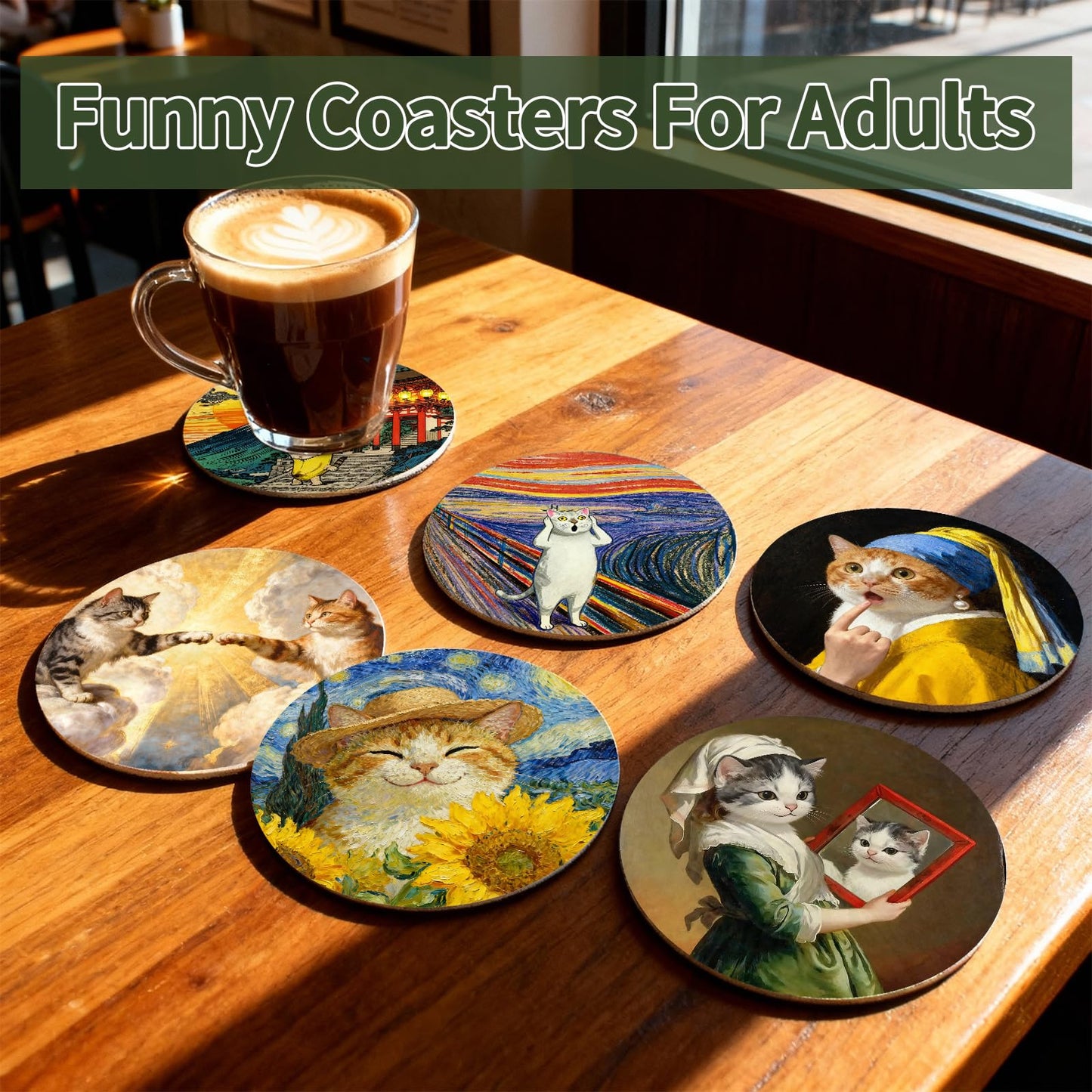 TBWHL Funny Coasters Set of 6, Fun Cat Drink Coasters, Absorbent Drink Anime Cat Coasters, Non Slip Cute Coasters for Desk, Coffee Table, Dining Room Decor