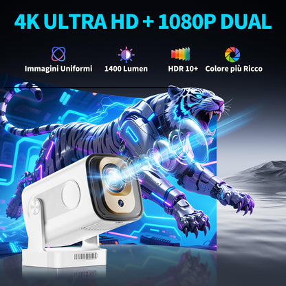 Mini Projector 1080P with WiFi 6 and Bluetooth 5.4, 4K Full HD Projector Features Auto Focus & Keystone, Portable Projector Built-in App Support 270° Rotatable, Compatible with Phone/HDMI/USB - White