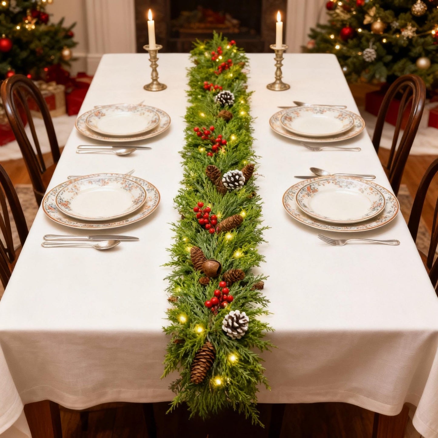 6FT Christmas Cedar Garland with Lights,Artificial Realistic Battery Operated Green Garland Christmas Decorations for Home Mantel Stairs Railing Dining Table Winter Decor