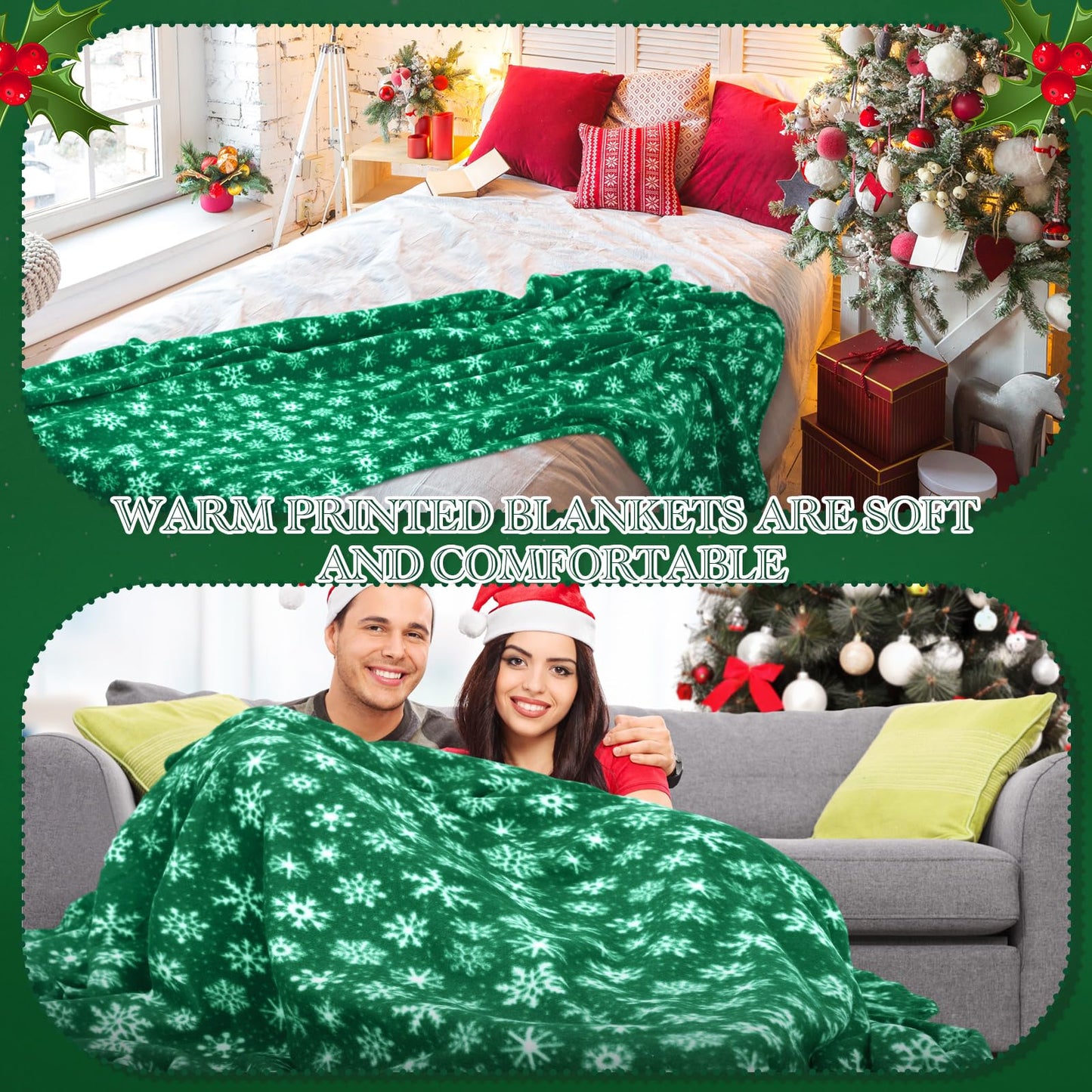 Moukeren 24 Pcs Christmas Snowflake Throw Blanket Bulk, 59 x 47 Inch Xmas Winter Throw Blanket Christmas Warm Soft Cozy Fleece for Home Bedding Couch Chair Gift (Green)