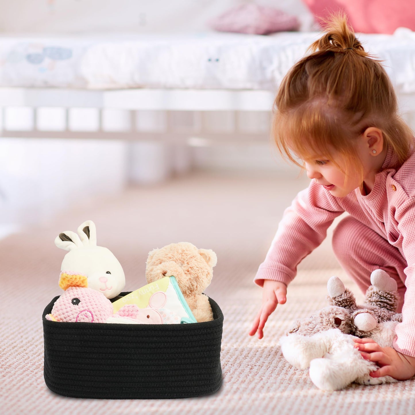 XUANGUO Small Woven Storage Baskets 12“X8”X5“ Decorative Rope Bins for Organizing Shelves, Closets, and Toys, Empty Gift Baskets, Cute Organizer Basket for Home and Office (black, regular)