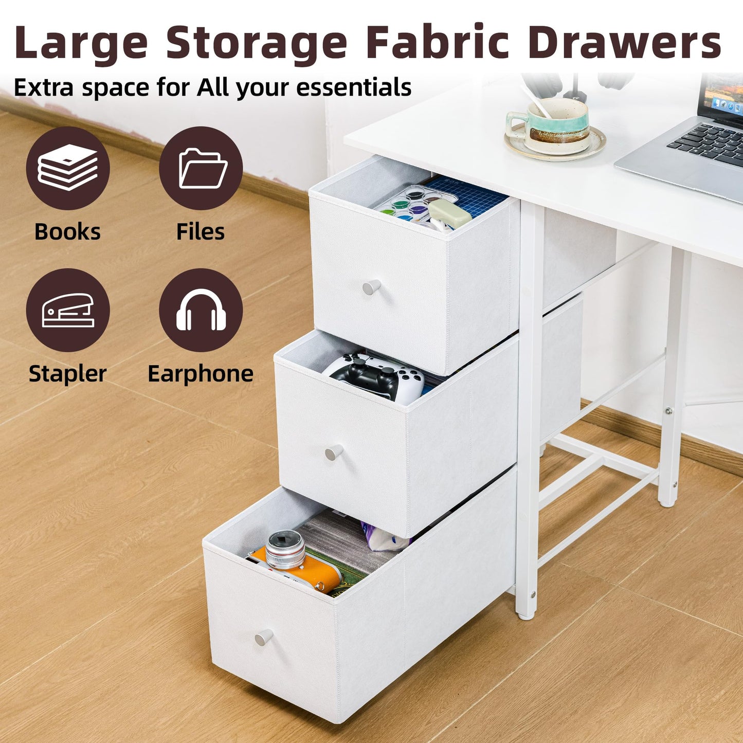 Aquzee Computer Desk with Drawers, 47 inch Desk Hutch, Gaming Desk with Storage Shelves, Power Outlets & Bookshelves, Study Writing Desks for Bedroom Living Room Home Office, White
