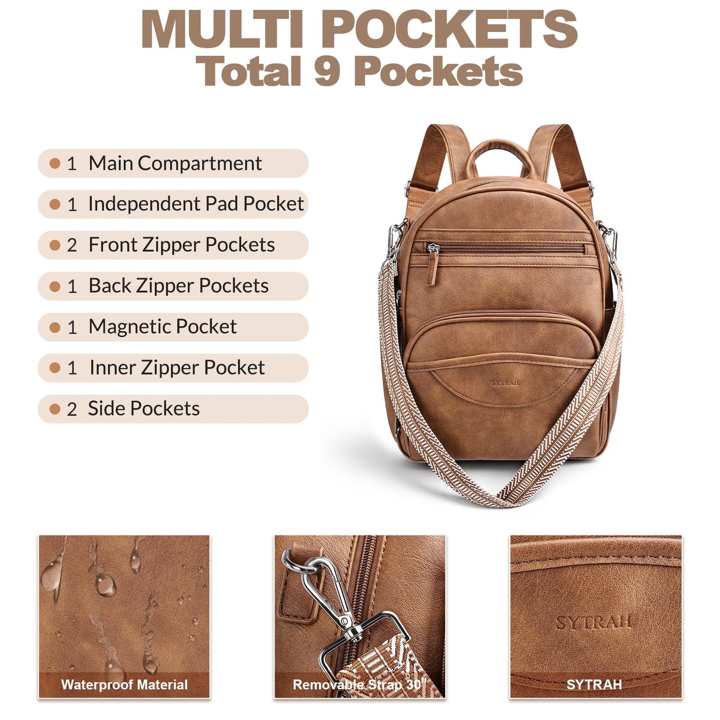 SYTRAH Small Backpack Purse for Women, Mini Backpack Vegan Leather with RFID Blocking & Tablet Pocket, Cute Shoulder Handbag for Travel, School & Work Brown