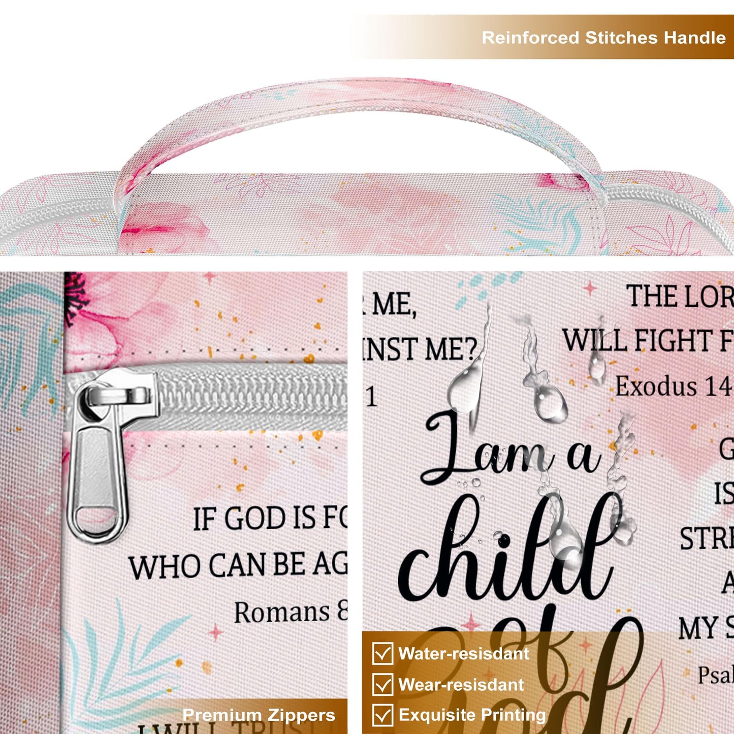 MYSMOR I Am A Child Of God Bible Cover for Women, Floral Scripture Bible Case with Handle and Zipper Pocket, Christian Bible Bag for Girls, Fits Standard Size, Church Gift for Faith and Prayer