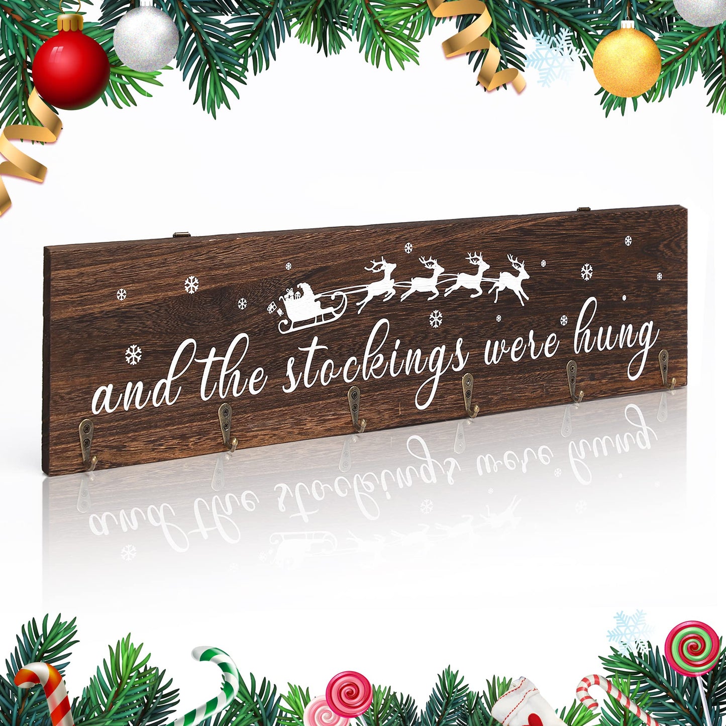 KORMMCO Christmas Stocking Holder, The Stocking were Hung Wood Hanging Sign, Stocking Holder for Wall, Xmas Stocking Holder with 6 Hangers for Fireplace Mantel, 24 inch,Brown,